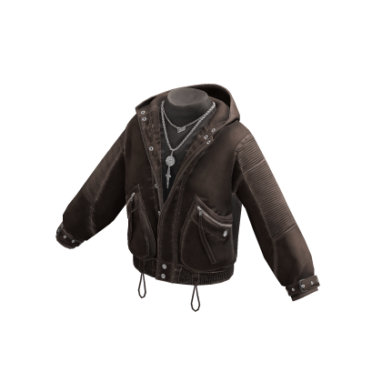 Y2K Grunge Bomber Jacket w/ Hood & Chain (Brown)