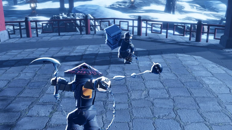 ภาพเกมเพลย์ทางการ Dueling Grounds แสดงอาวุธโซ่ในลานหิมะ
