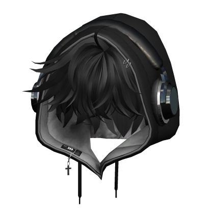 Black Messy Hair w/ Hoodie & Headphones