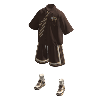 Brown vintage shirt with tie & shorts set thumbnail