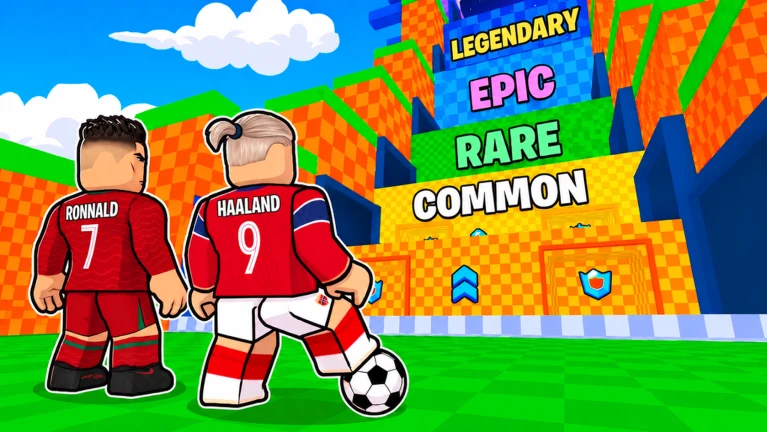ภาพพรีวิวทางการ Jump To Steal Soccer Players: ด้านหลังตัวละครชุดฟุตบอลสีแดงสองตัวที่มีข้อความ RONNALD 7 และ HAALAND 9 มองไปยังทางลาดสีส้มเขียวที่มีป้าย COMMON, RARE, EPIC และ LEGENDARY
