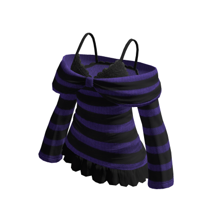 🍀Layered Bow Off-Shoulder(Striped Purple)