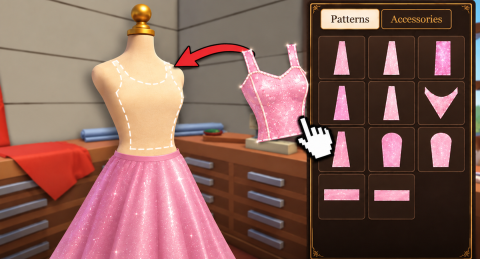 Official promotional art: a pink sparkly skirt on a dress form, a bodice piece being dragged onto it, and a Patterns and Accessories panel.