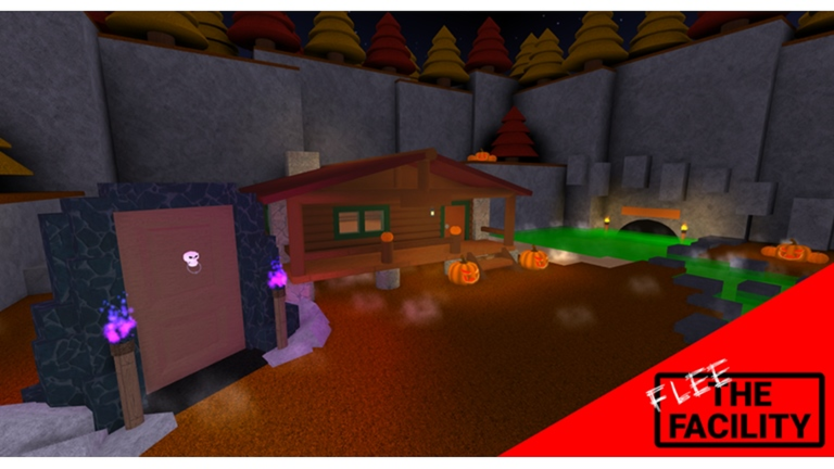 Flee the Facility Halloween Homestead map with pumpkins, a wooden cabin and glowing green tunnel