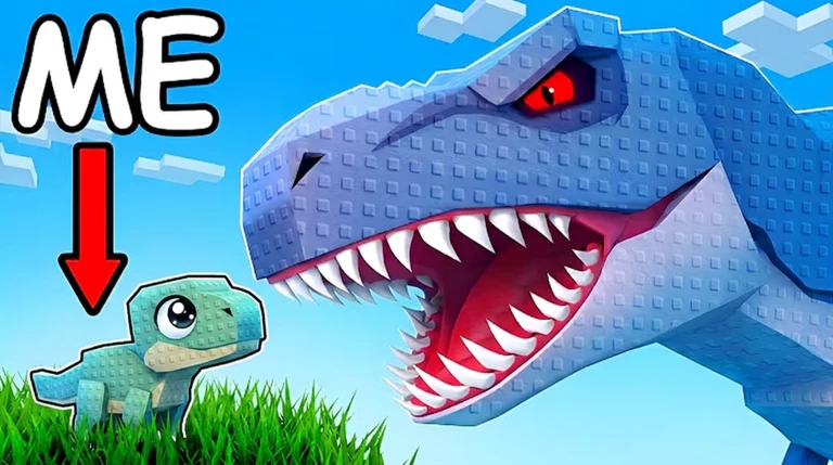 ภาพโปรโมตทางการแสดงคำว่า ME ชี้จากไดโนเสาร์ตัวเล็กไป T-Rex สีน้ำเงิน