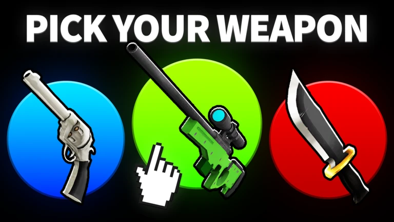 กราฟิกโปรโมตทางการ DUELS พื้นดำ มีข้อความ PICK YOUR WEAPON และภาพปืนลูกโม่ ปืนสไนเปอร์สีเขียว และมีด