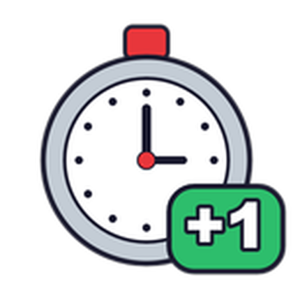 Store icon: a stopwatch with a red button on top and a green badge reading +1
