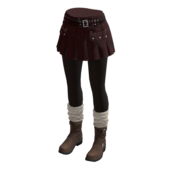 Belted Pleated Skirt with Boots (Burgundy)