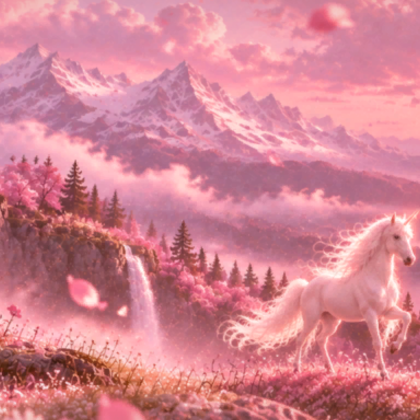 Pink Unicorn Mountain Sunset Fantasy Background