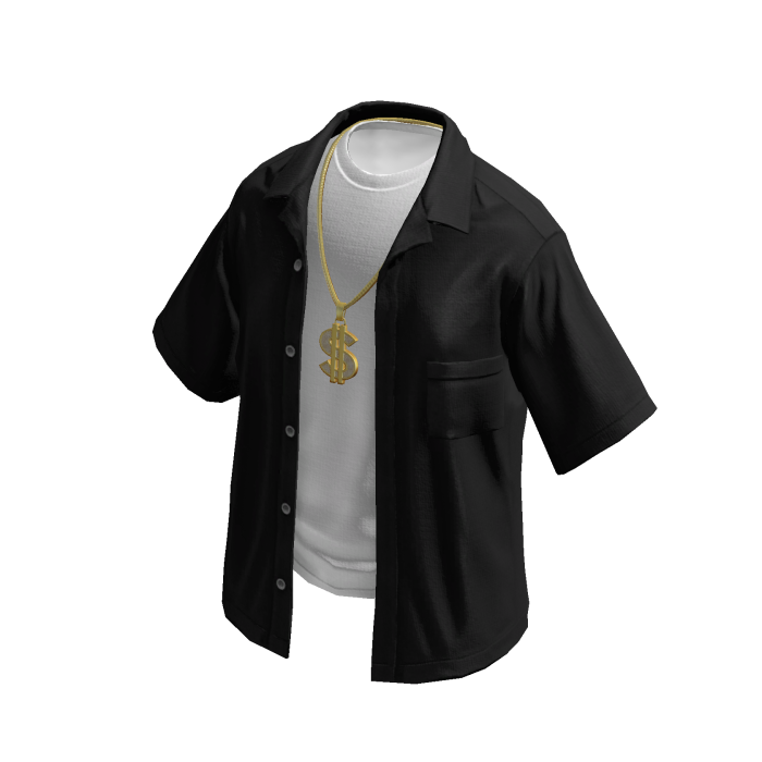 Unbuttoned Black White Shirt Gold Dollar Chain