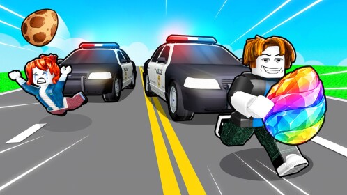 Roblox Escape Police for Eggs thumbnail with players, police cars and colorful eggs