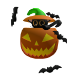 Halloween Pumpkin Head with Black Cat and Bats