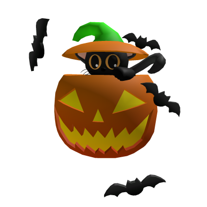 Halloween Pumpkin Head with Black Cat and Bats