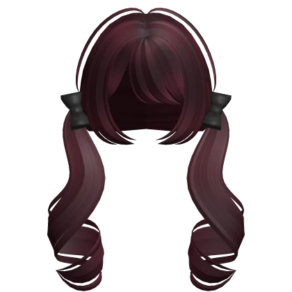 ♡꒰ low dark red curly pigtails w/ black bows Roblox item render
