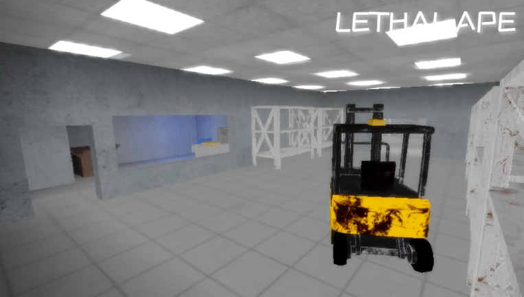ภาพโปรโมต Lethal Ape: ห้องชั้นวางสีขาว มีรถยกสีเหลืองอยู่กลางภาพและไฟเพดานสว่าง