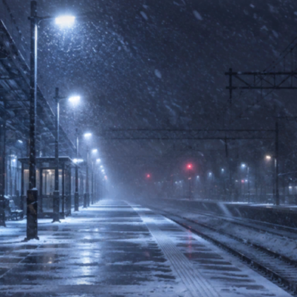 Snowy Train Station Winter Night Emo Background