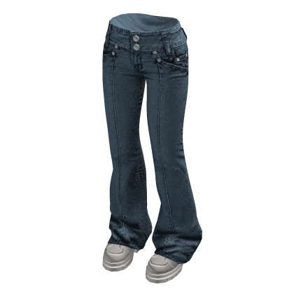 Double Button Flare Jeans w/ Sneakers (Blue)