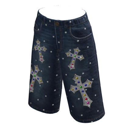 Dark Blue Washed Rhinestone Cross Jorts