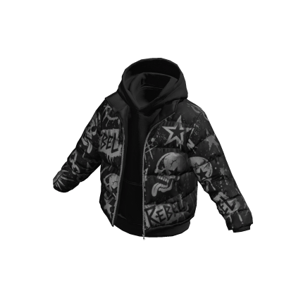 Black Hoodie w/ REBEL Print Black Puffer Jacket