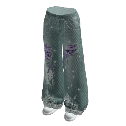 Ripped Wide-Leg Jeans with Hem Print (Teal)