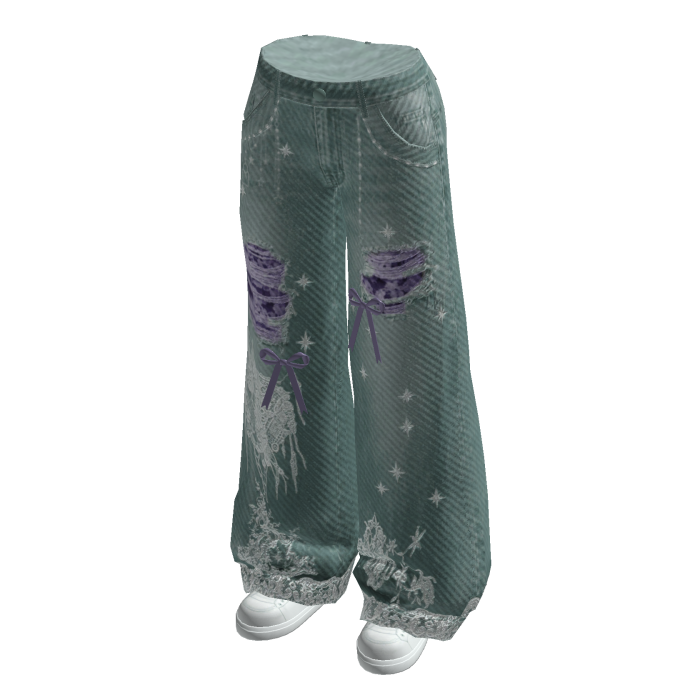 Ripped Wide-Leg Jeans with Hem Print (Teal)