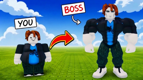 Promotional art: a small chubby Roblox character labelled YOU on a grass field, with a red curved arrow pointing to a tall muscular character labelled BOSS