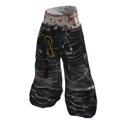 Faded Black Graphic Saggy Denim Pants w/ Boxers