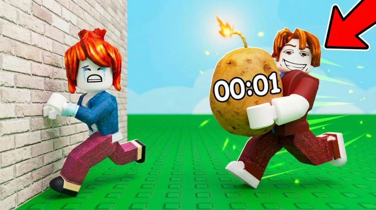 ภาพโปรโมต Hot Potato ผู้เล่นถือมันฝรั่งติดตัวเลข 00:01 ไล่ตามอีกคน