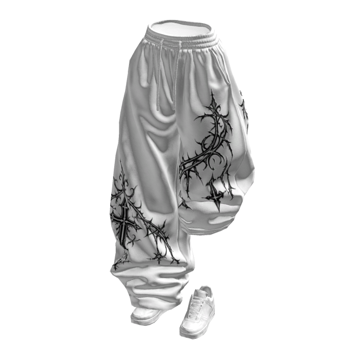 White Print Half Raised Baggy Sweatpants w/ Shoes