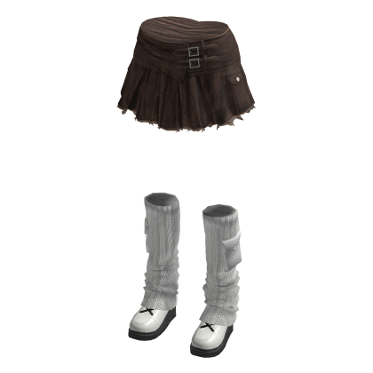 Y2K Pleated Denim Skirt w/ Leg Warmers (Brown)