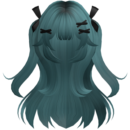 Dark Teal Cute Wavy Pigtails w/ Ribbon Clips