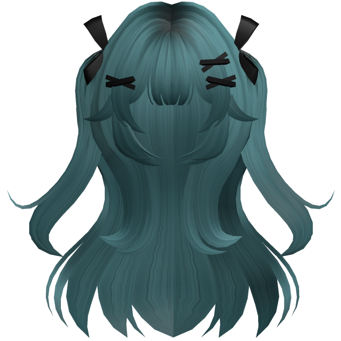 Dark Teal Cute Wavy Pigtails w/ Ribbon Clips