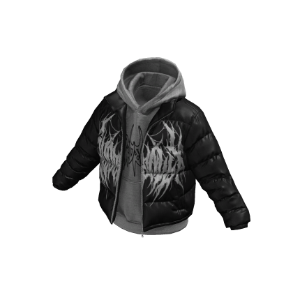 Grey Hoodie w/ White Print Black Puffer Jacket