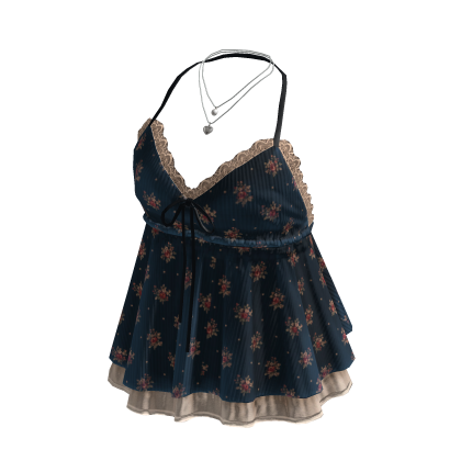 Floral Lace Trim Babydoll Top (Navy)