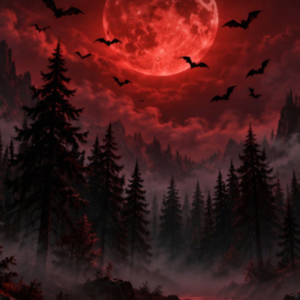 Halloween crimson moon bat gothic forest 