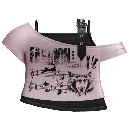 pink & black emo grunge off shoulder cat shirt