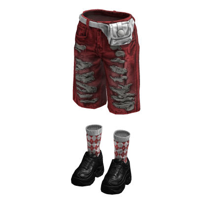 Denim Teared Stylish Jorts (Red White)