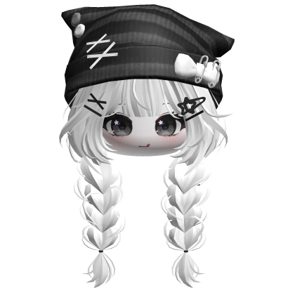 🍀Cute Girl Braided w/Cat Beanie(White&Black) Roblox item