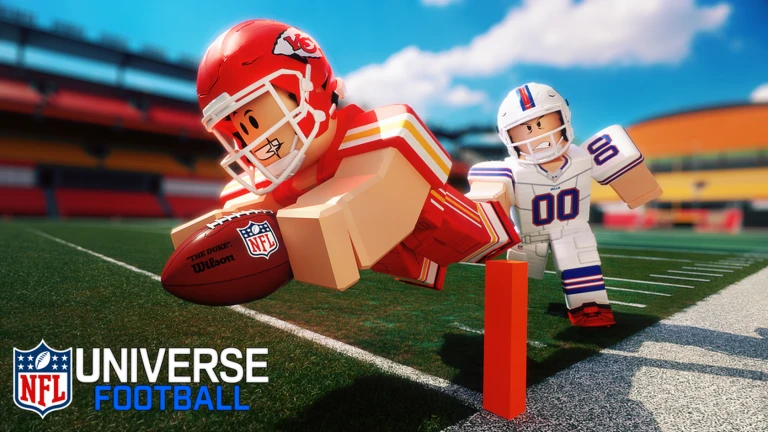 ภาพโปรโมตทางการ NFL Universe Football: ผู้เล่น Kansas City Chiefs พุ่งข้ามเส้นประตู ขณะ Buffalo Bills ไล่ตาม