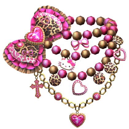 Hime Gyaru Leopard Bow Chain Pearl Necklace Pink
