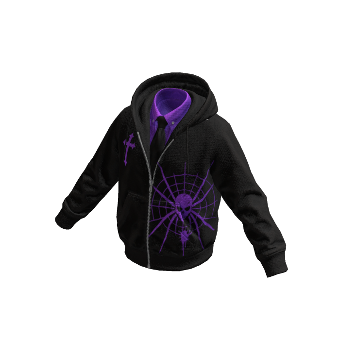 Black-Purple Spiderweb Skull Hoodie w/ Tie