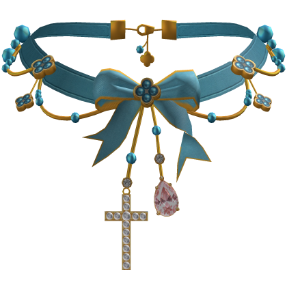 Coquette Turquoise Preppy Bow Necklace with Cross