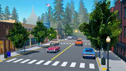 Official event art: a small-town main street lined with brick shopfronts and trees, with classic cars and pickup trucks on the road and pine-covered hills behind