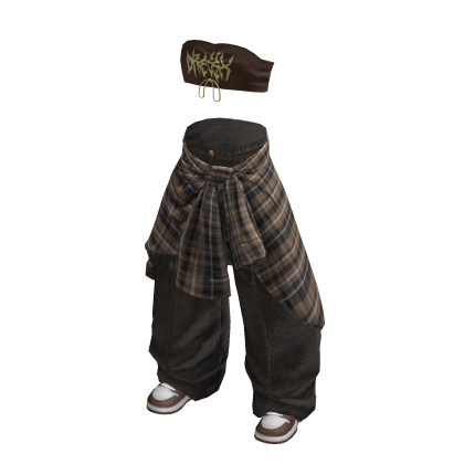 Y2K Vintage Brown Flannel Baggy Pants Crop Top Set thumbnail