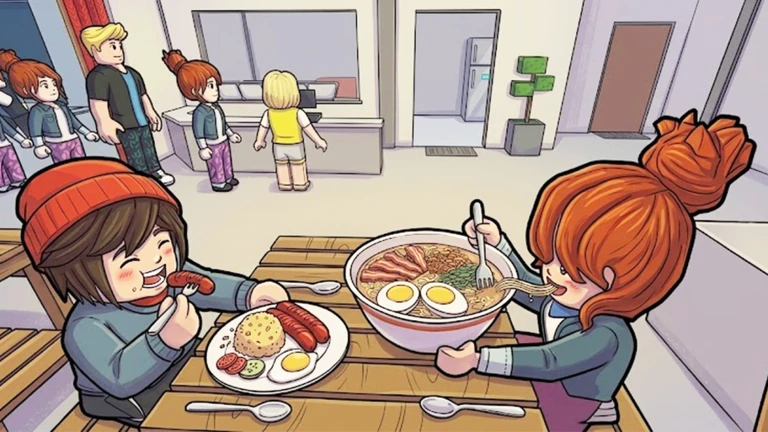 ภาพพรีวิวทางการ Karinderya: ตัวละครสองคนนั่งกินอาหารที่โต๊ะไม้ โดยมีลูกค้าคนอื่นยืนอยู่ด้านหลัง