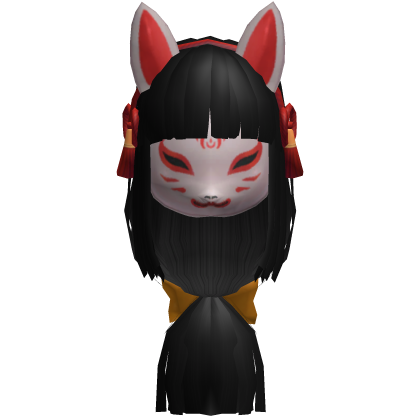 Kitsune Miko Hime Cut Hair with Mask-Black