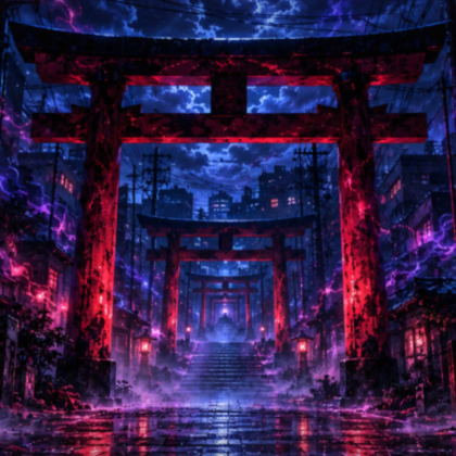 Anime Cursed JJK City Red Blue Aura Night Scene 
