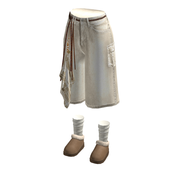 Baggy Cargo Shorts with Side Scarf (Cream)