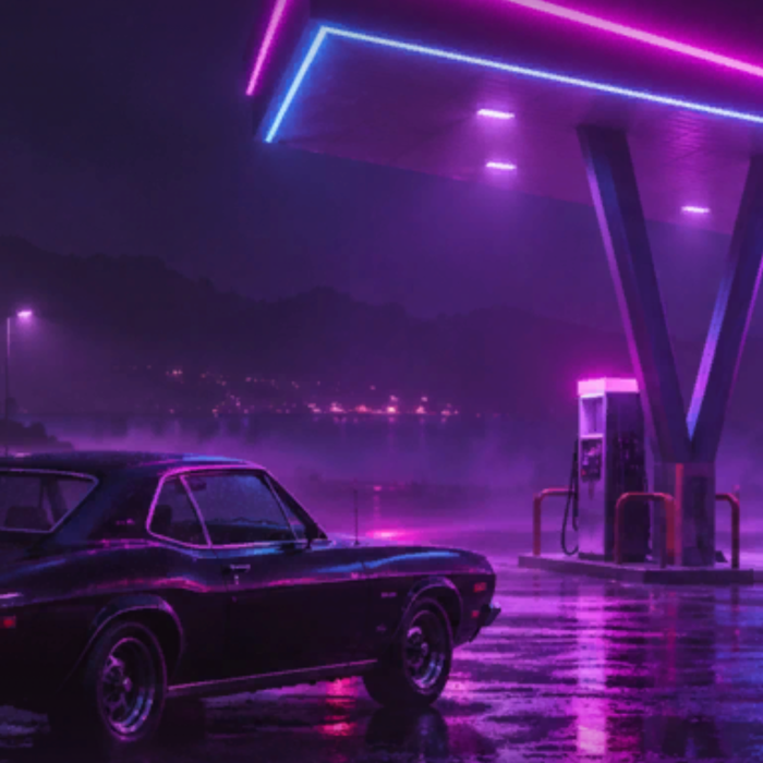 Neon Gas Station Rainy Night Car Purple Background