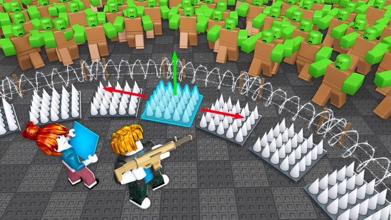 ภาพพรีวิวทางการ Survive Zombie Arena: ตัวละคร Roblox สองคนยืนถือแผ่นพิมพ์เขียวและปืนท่ามกลางแผงหนาม ลวดหนาม ลูกศรสี และฝูงซอมบี้สีเขียว